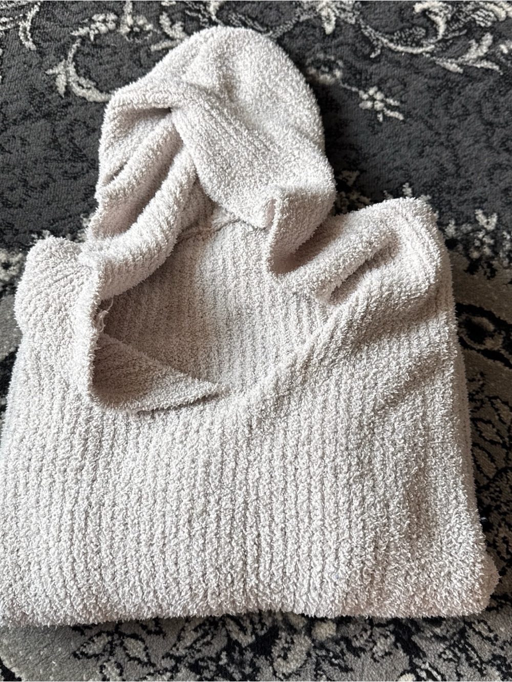 Plush V-Neck Hooded Sweater in Light Cream